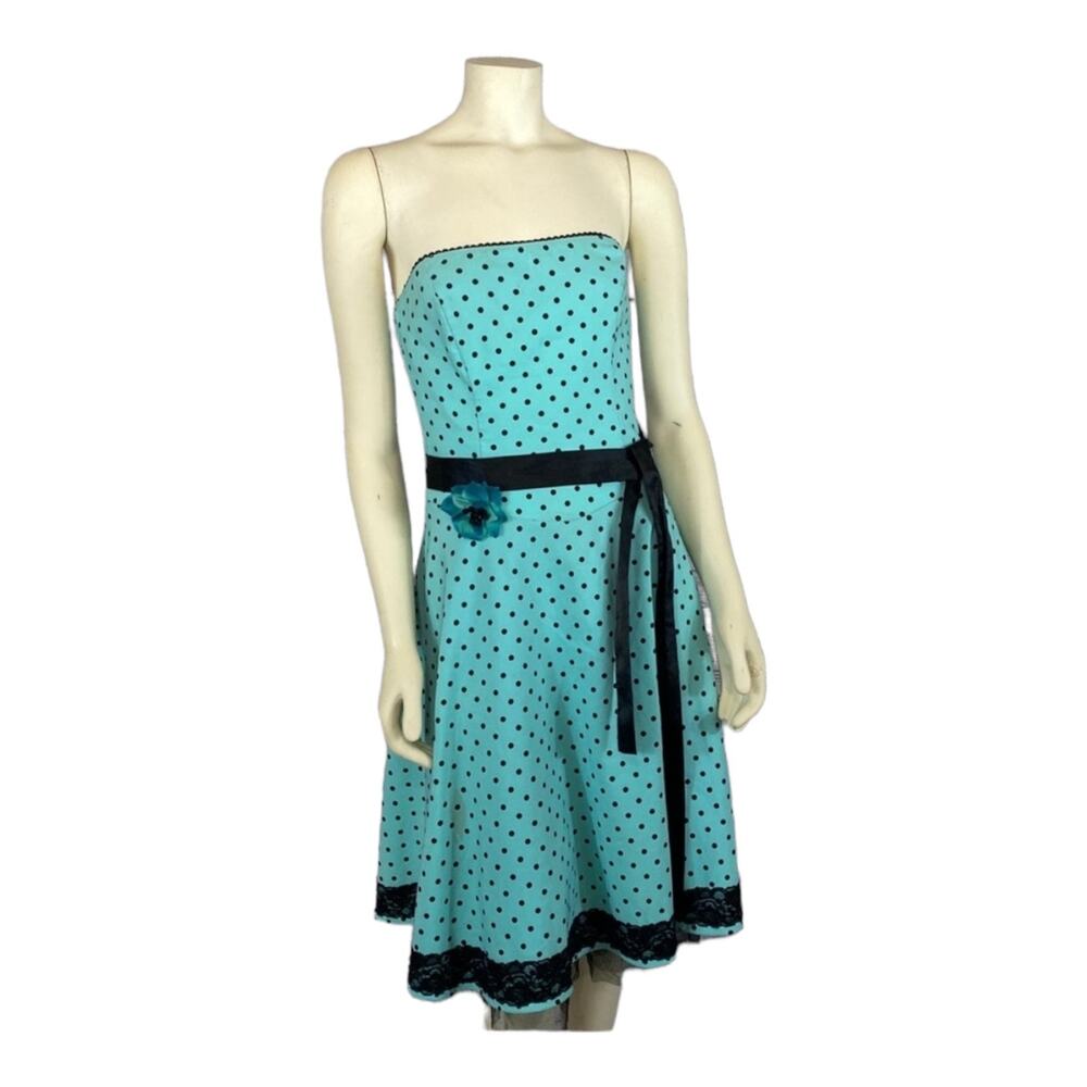 Ruby Rox Pin Up Strapless Green & Black Polka Sash Dress size 6